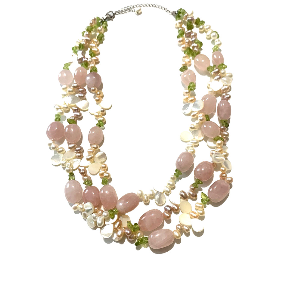 Rose Quartz Peridot Freshwater Pearl Necklace Shell Briolette 3 Strand .925, 16"